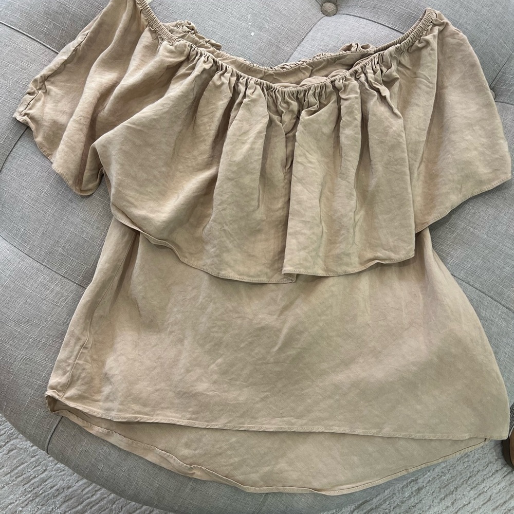 Zara Neutral Beige Off-Shoulder Ruffle Top